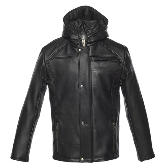 Black Buttoned Up Hooded Leather Jacket - Front view