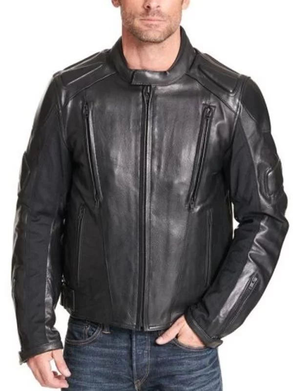 Mens Padded Black Biker Leather Jacket Front