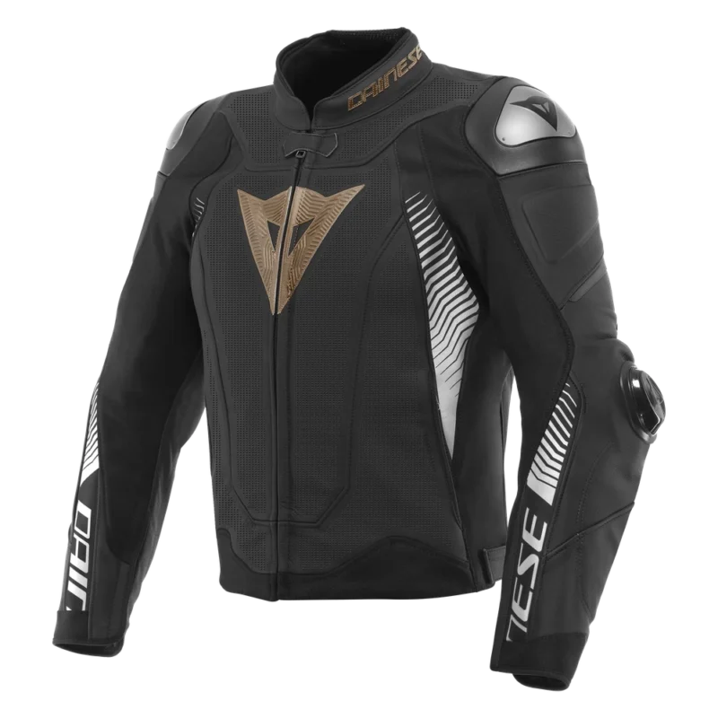 Front view of Super Speed leather motorcycle jacket on display