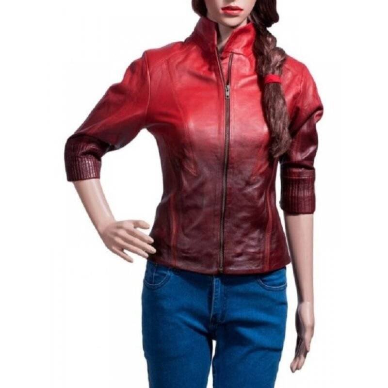 Model wearing Scarlet Maroon Leather Jacket Women for women from the front, showing the fit and style.