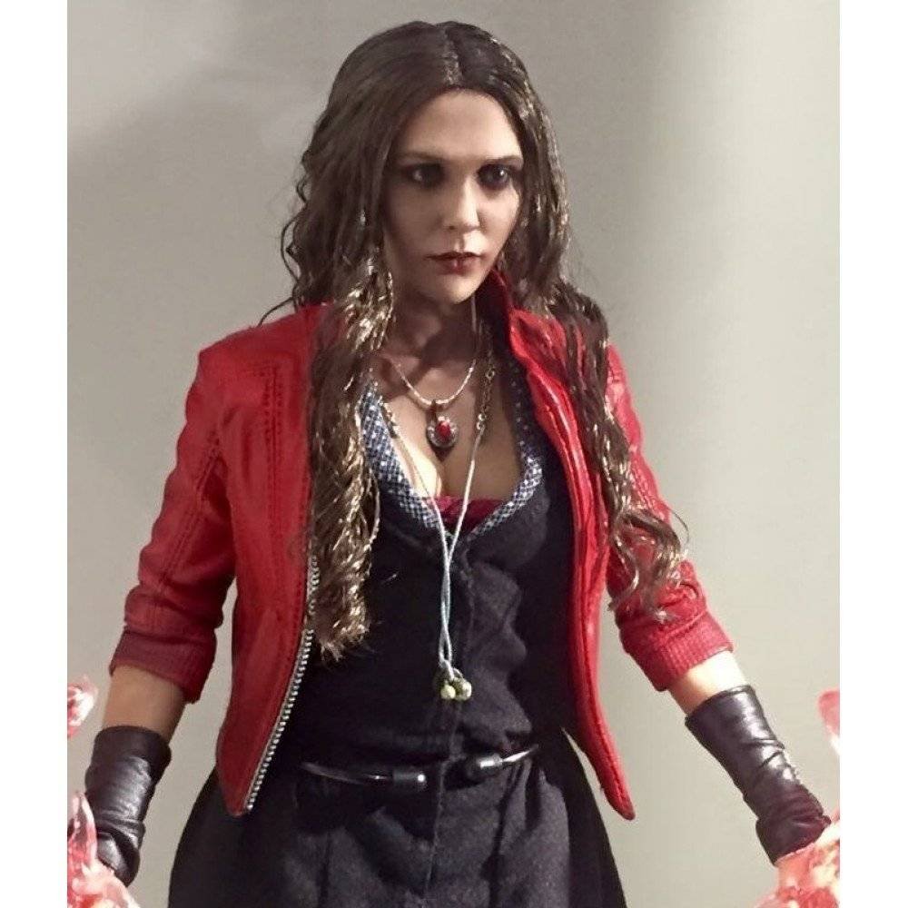 Model wearing Scarlet Witch Avengers red leather jacket from the front, showing the fit and style.