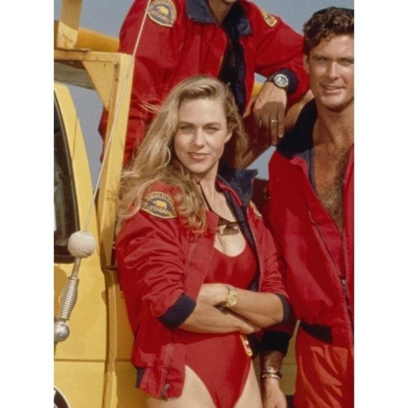 Model wearing Shawn Weatherly Baywatch red jacket from the front, demonstrating its fit and style.