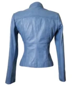 Back view of Sky Blue Leather Jacket with Stretch Ribbing