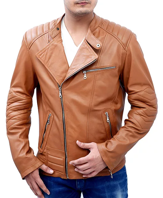 Slim tan biker leather jacket with the zipper open, revealing the viscose lining.