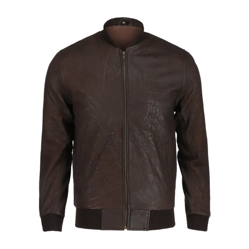 Front view of Snuff Style Bomber Leather Jacket Brown in brown