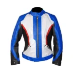 Soldier 76 jacket with a blue, white, and black color scheme, featuring a front zipper closure and snap button cuffs.