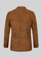 "Tan suede leather blazer back view displaying the smooth suede finish."