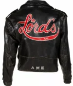 Back view of The Lords of Flatbush Stanley Rosiello leather jacket with the iconic logo.