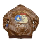 Back view of a Tuskegee Airmen leather jacket with a military logo and ribbed hemline.