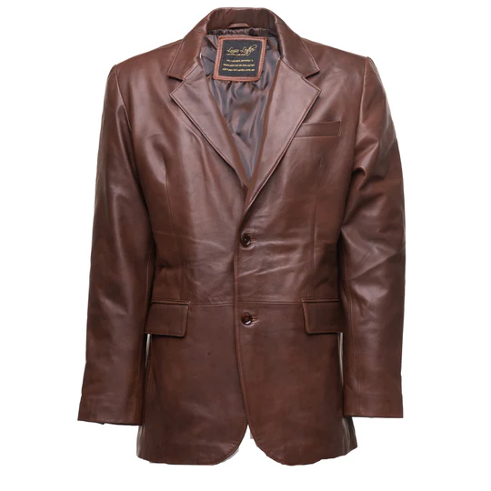 "Two-Tone Brown Leather Blazer front view featuring contrasting shades of brown and a classic tailored fit."