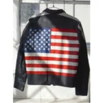 A back view of Selena Gomez's black leather jacket, showcasing the welted waist and full-length sleeves.