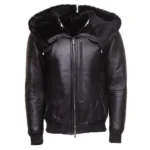 Front view of varsity sheepskin shearling jacket with large hoodie