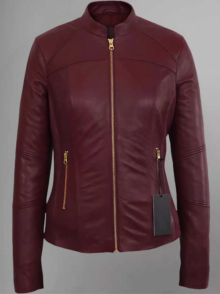 Front view of WOMENS MOTO BURGUNDY REAL LEATHER JACKET