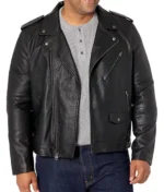 Model Wearing Warner Black Leather Jacket - Front