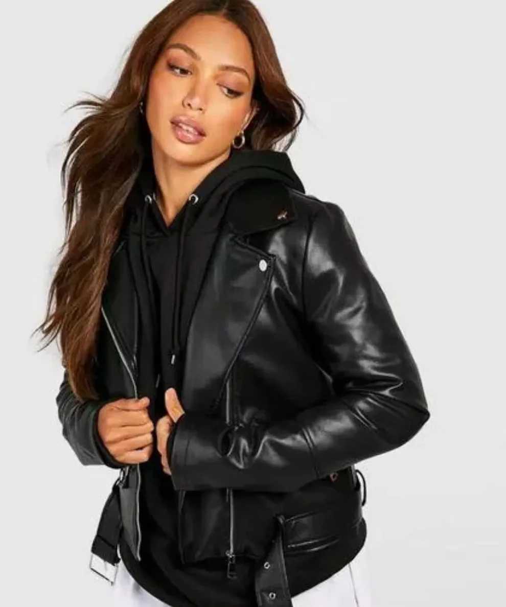 Model Wearing Women Belted Biker Jacket Front