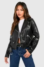 Model Wearing Women Black Belted Biker Leather Jacket Front