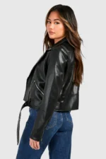 Side view of Women Black Belted Biker Leather Jacket