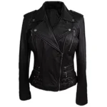 Front view of Women Black Biker Vintage Leather Jacket