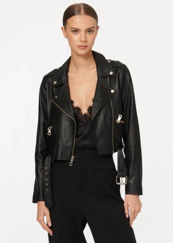 Model Wearing Women Black Crop Leather Jacket - Front