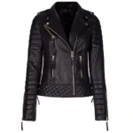 Front view of Women Black Diamond Leather Biker Jacket