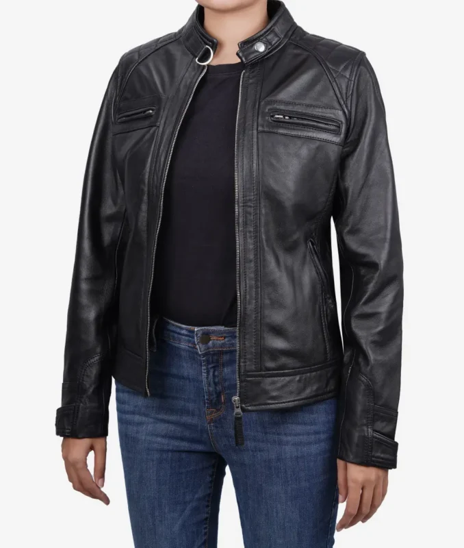 Model wearing women black real leather cafe racer jacket front view