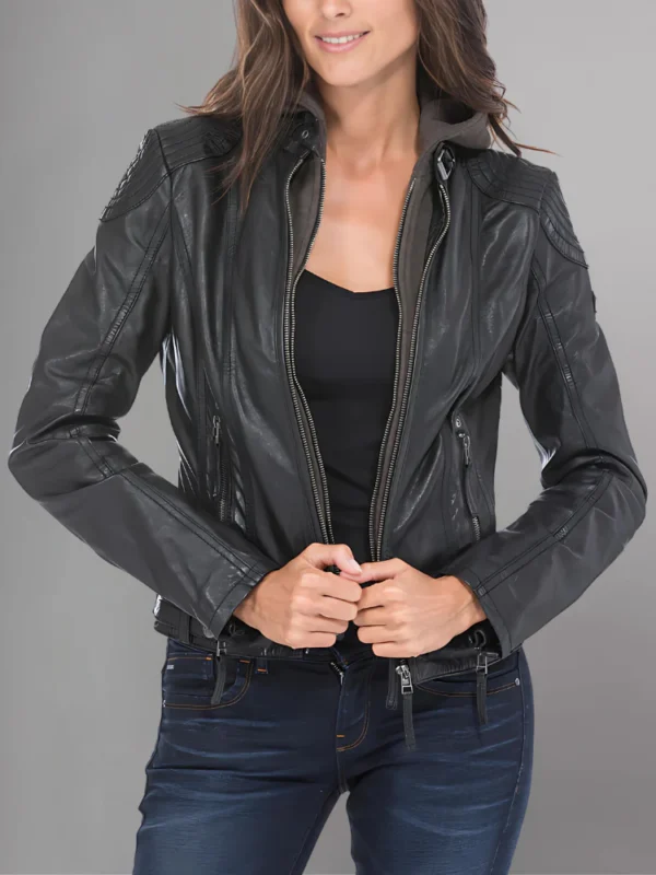 Model Wearing Women Black leather jacket lamb cacey Front