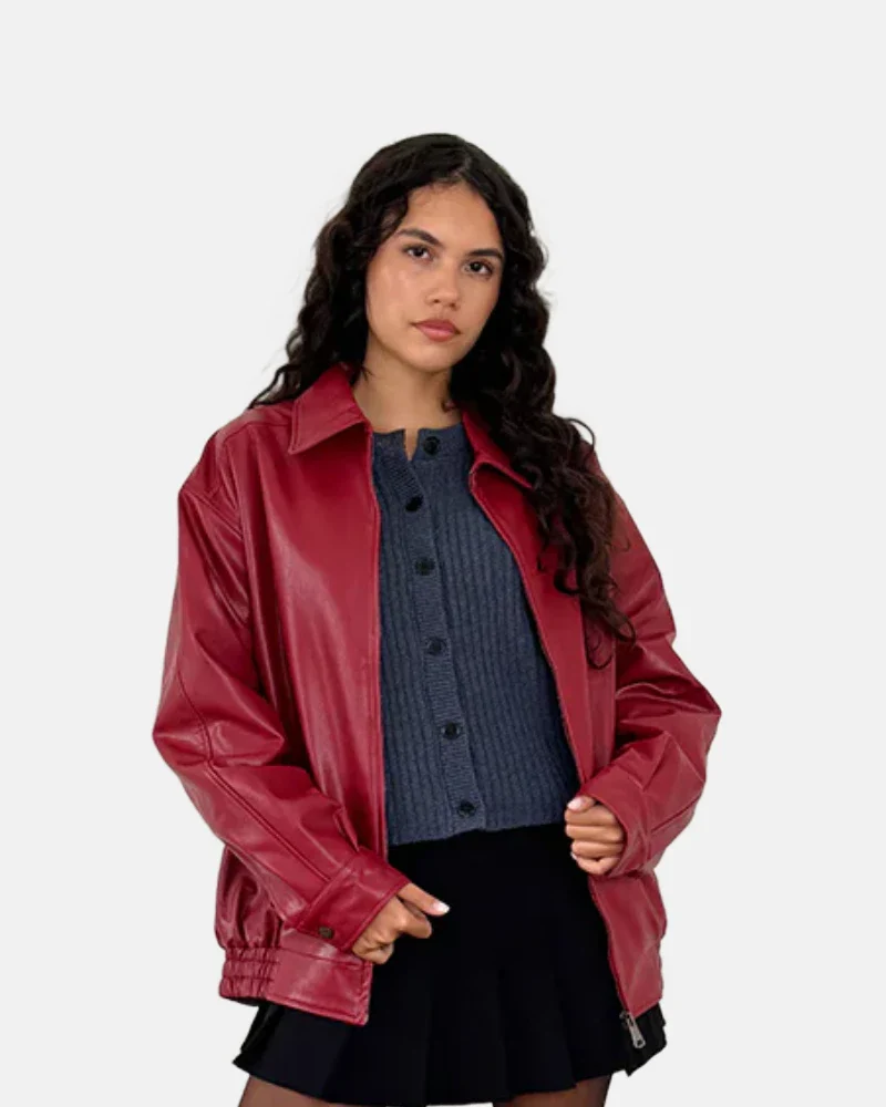 Model Wearing Women Blood Red Leather Motorcycle JacketFront