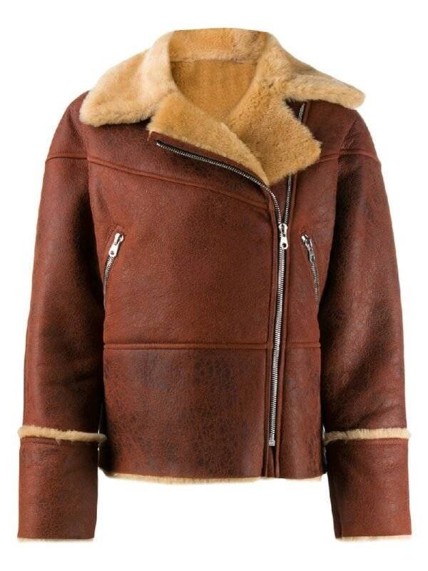 Front view of Women Shearling Stylish Fur Leather Jacket