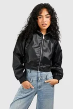 Model Wearing Women Cropped Leather Bomber Jacket Front