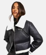 Model Wearing Women Cropped Leather Shearling Jacket Front