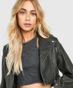 Model Wearing Women’s Distressed Women Distressed Cropped Leather Jacket Front