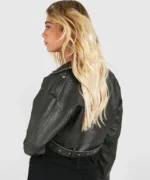 Model Wearing Women’s Distressed Cropped Leather Jacket Back