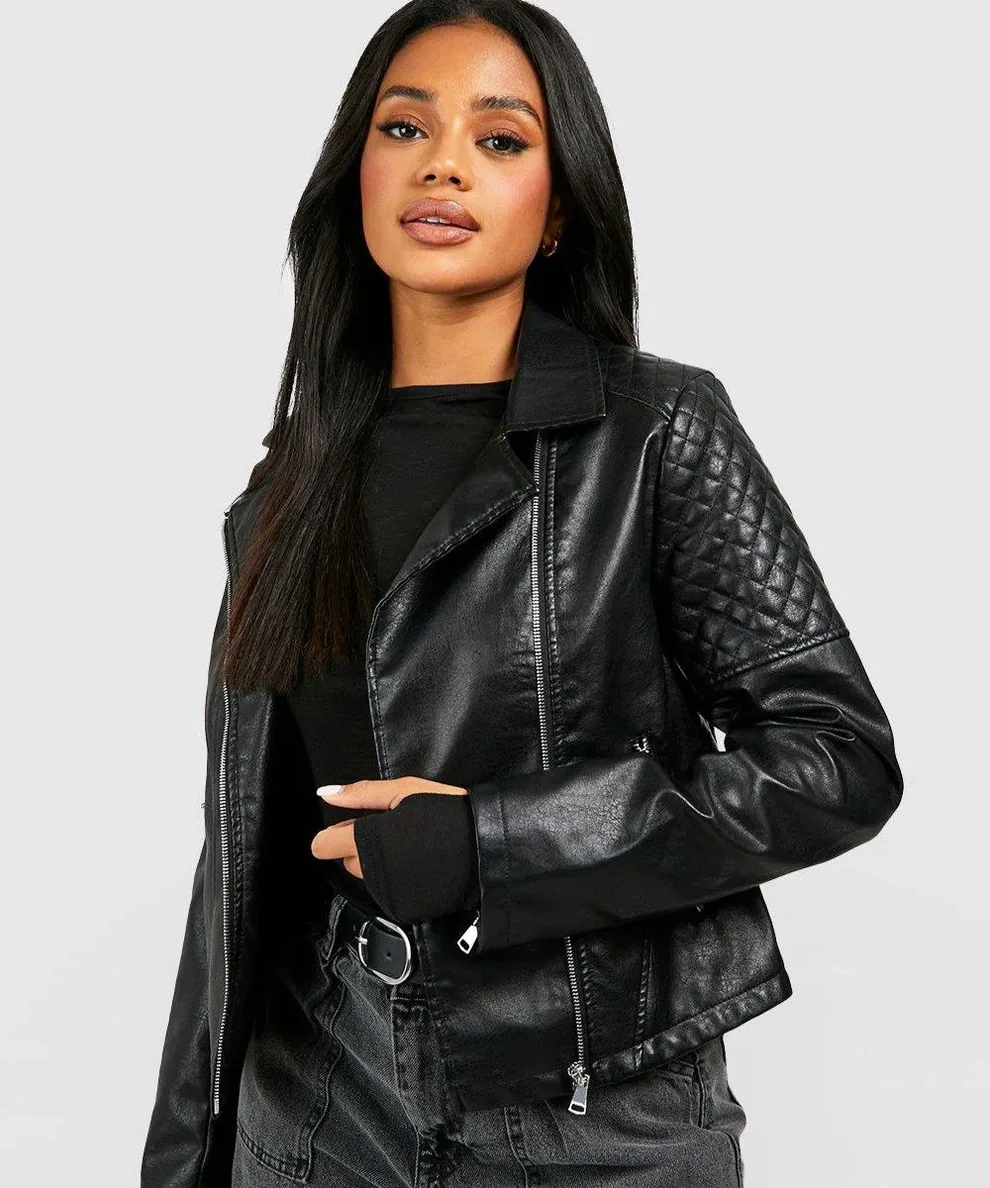 Model Wearing Women Durable Black Biker Leather Jacket Front