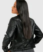 Model Wearing Women Durable Black Biker Leather JacketBack