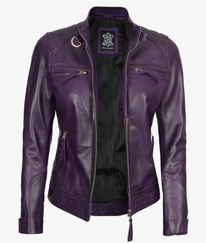 Model wearing Women Lambskin Leather Purple Biker Jacket front view