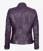 Model wearing women's lambskin leather purple biker jacket back view