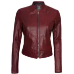 Front view of Women Maroon Biker Leather Jacket