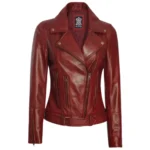 Front view of Women Maroon Biker Stylish Leather Jacket