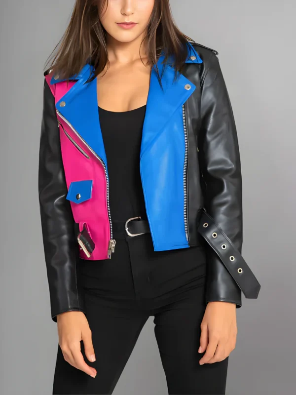 Model Wearing Women Moto Style Sheepskin Leather Jacket- Front
