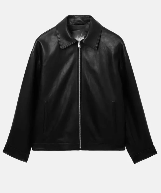 Front view of Women Oversized Collared Leather Jacket