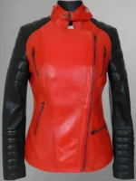 Front view of Women Red Leather Jacket Black Diamond