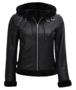 Women Shearling Hooded Leather Jacket Front