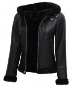 Women Shearling Hooded Leather Jacket Side