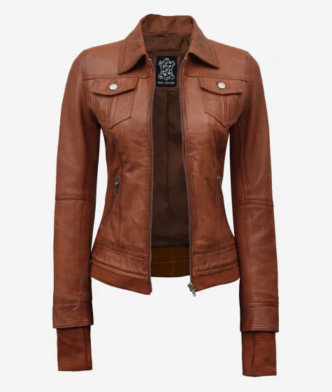 Front view of Women Ta Leather Hooded Bomber Jacket