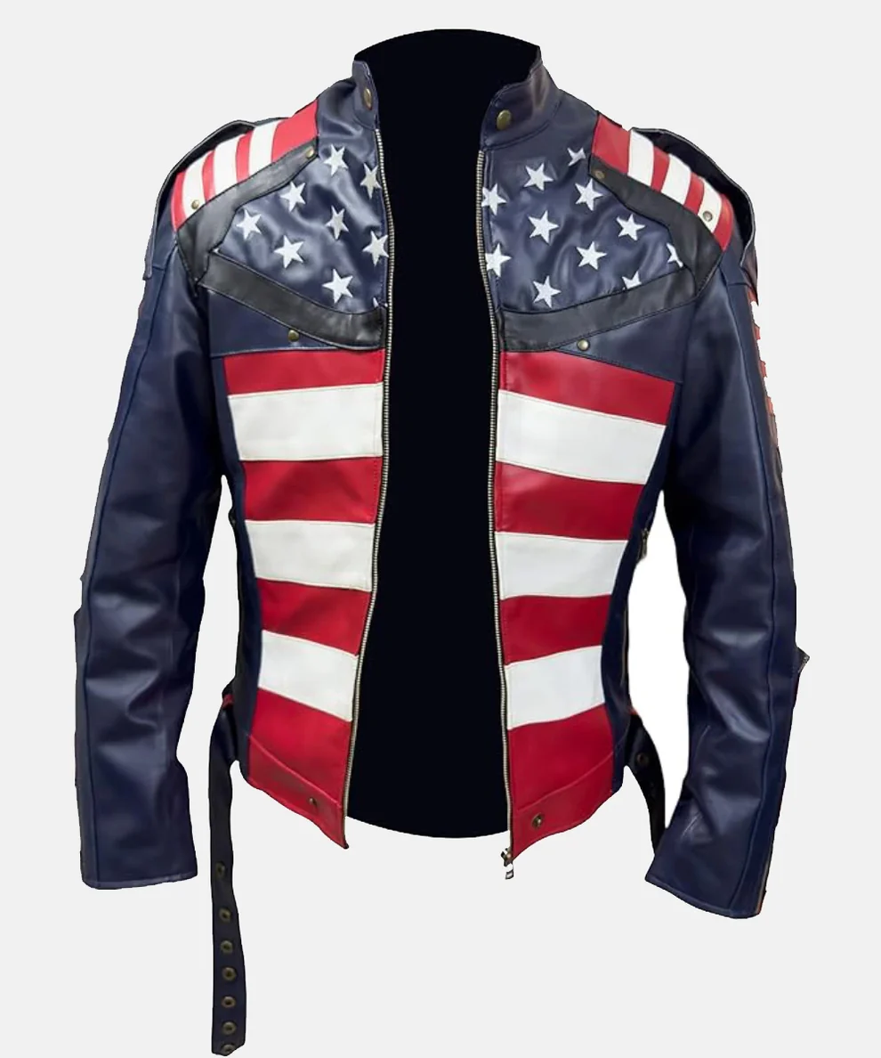 Front view of Women US Flag Leather Jacket