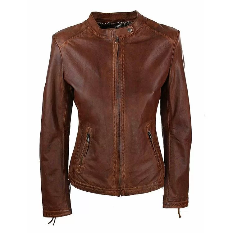 Front view of Women Vintage Brown Leather Biker Jacket