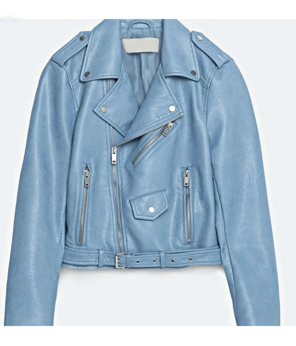 Women's baby blue motorcycle leather jacket with zippered pockets and a front zipper closure.