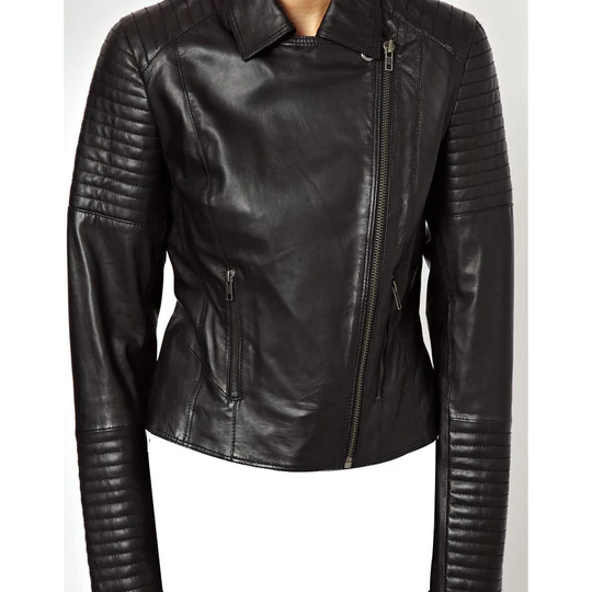 Front view of Womens Black Biker Jacket With Ribbed Panels