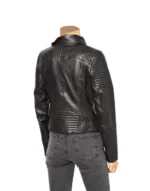 Back view of Womens Black Biker Jacket With Ribbed Panels