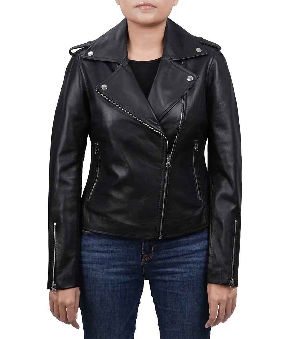 Model wearing womens black biker style leather jacket front view